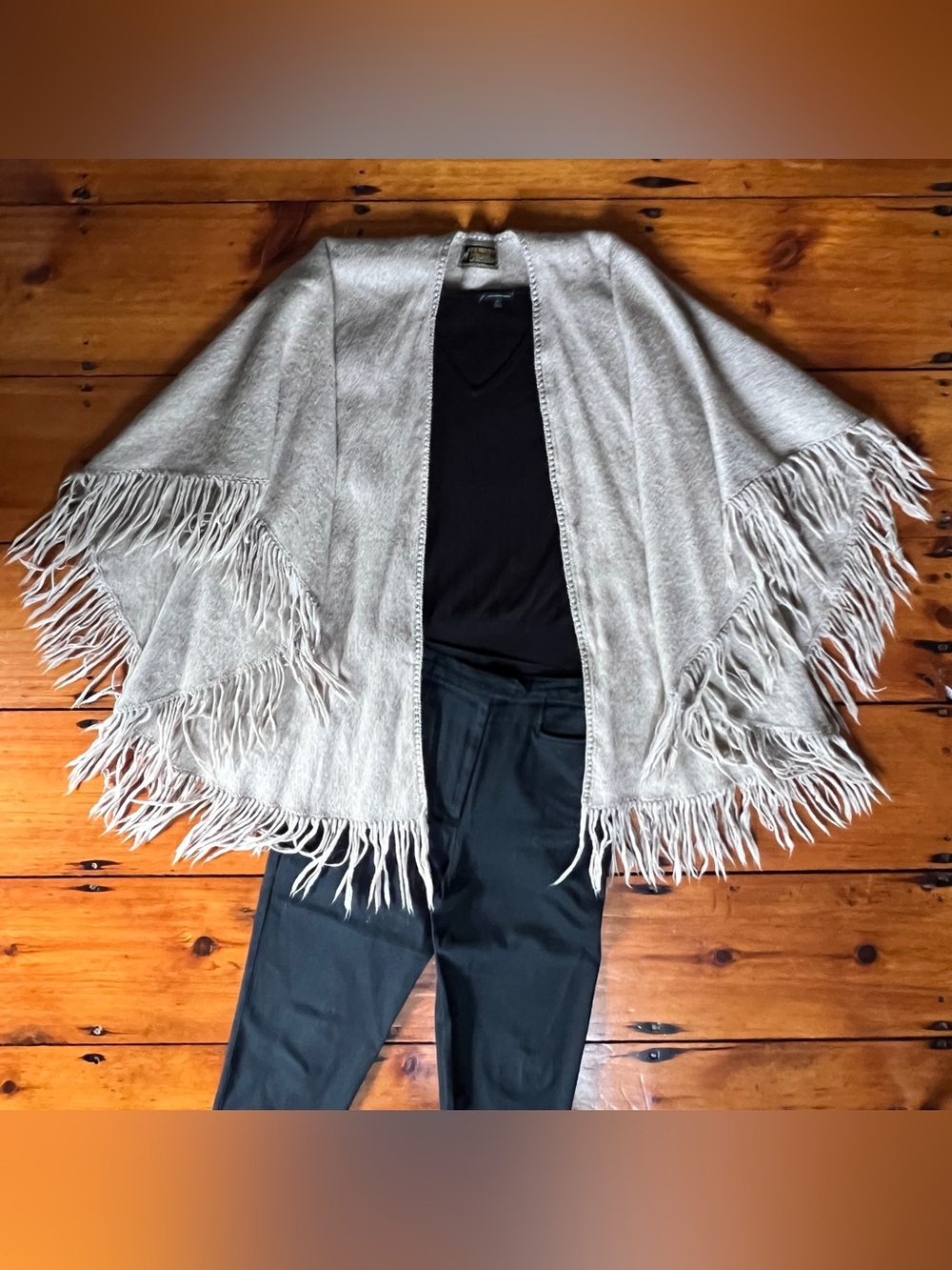 VTG 100% Alpaca Handmade Fringe Cape Shawl Wrap Beige